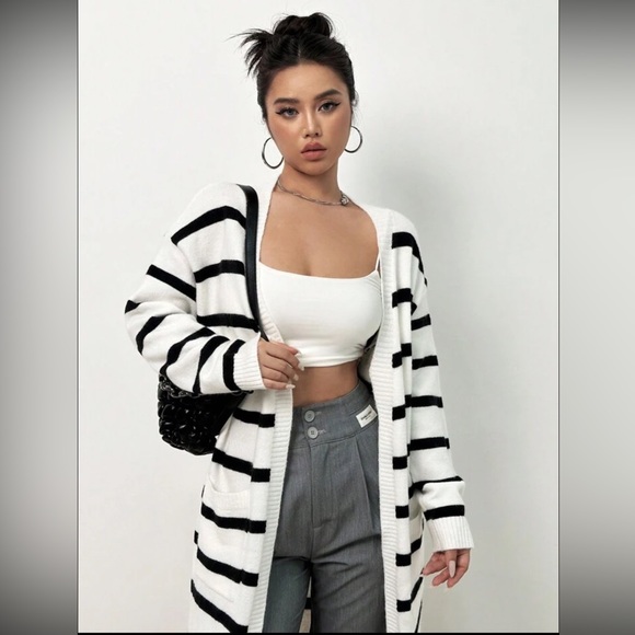 🍁Striped Pattern Drop Shoulder Duster Cardigan - Picture 5 of 7